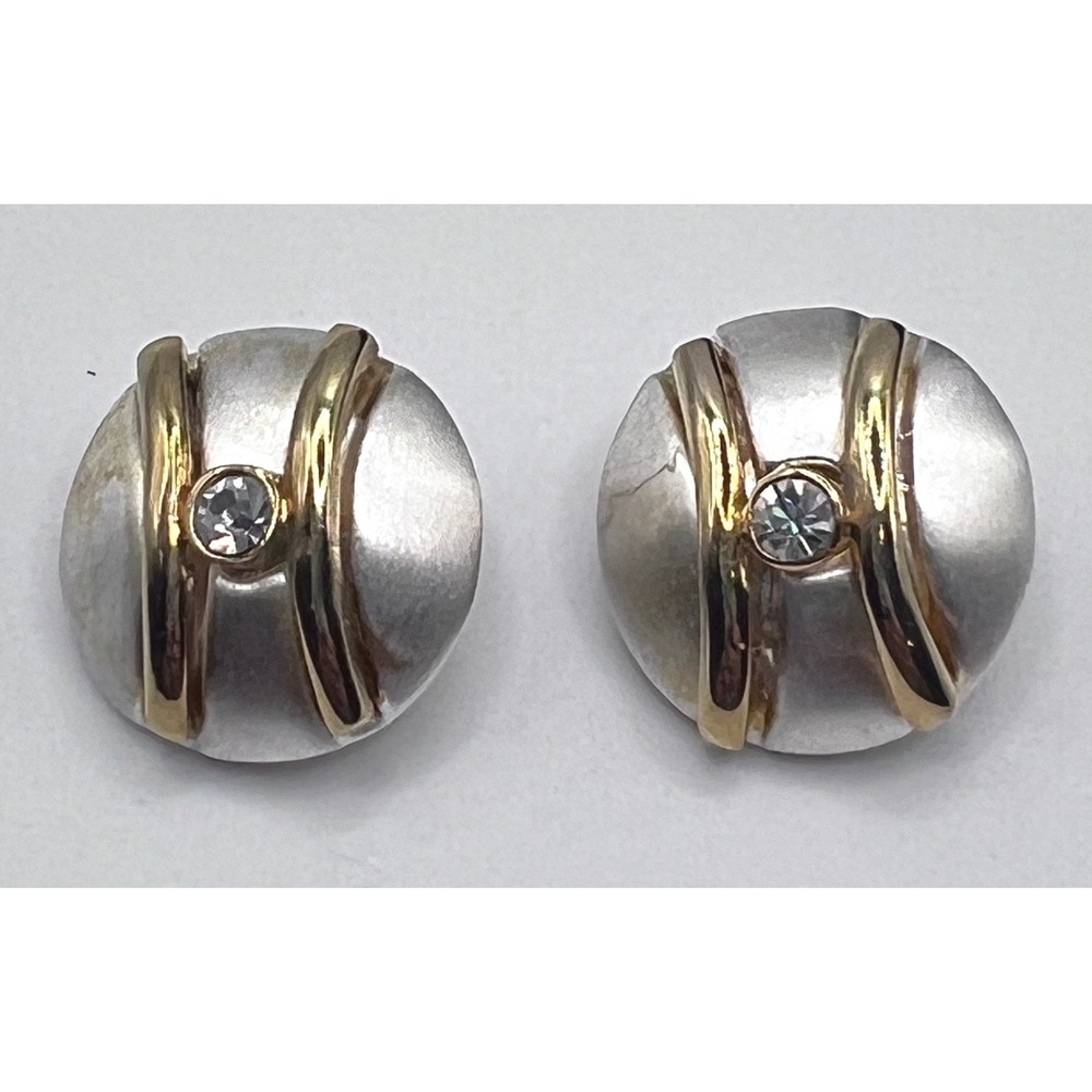 Vintage Two Tone Clip On Earrings Silver Gold‎ Rhinestone Round